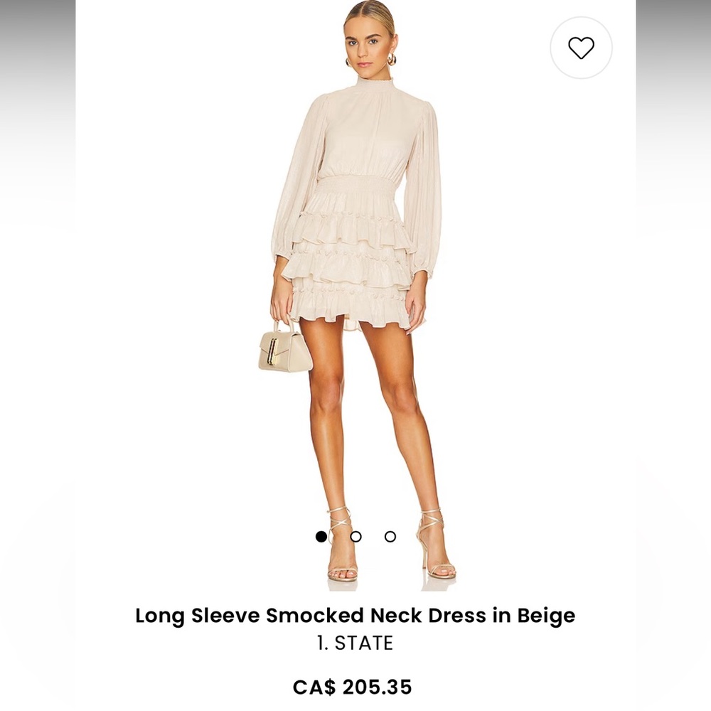 Long Sleeve Smocked Neck Dress in Beige
1. STATE size Medium